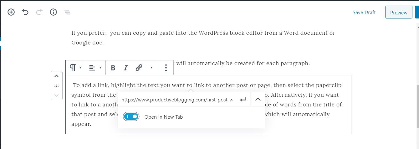 How to add a link in a blog post using the WordPress block editor