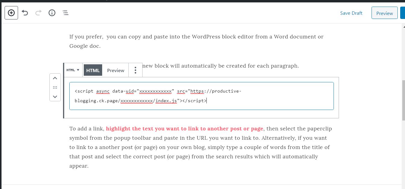 How to add custom code in a blog post using the WordPress block editor