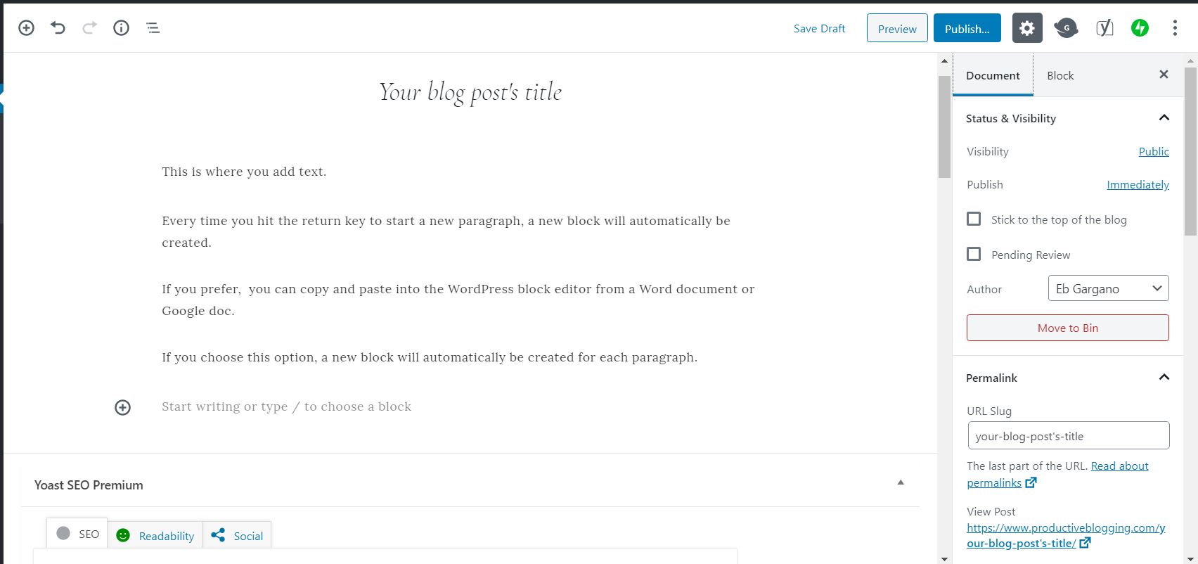 How to add paragraph text in a blog post using the WordPress block editor