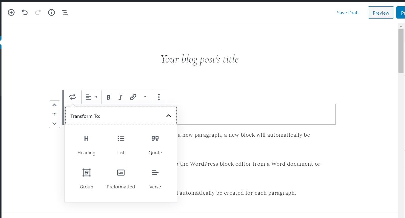 How to add a heading in a blog post using the WordPress block editor